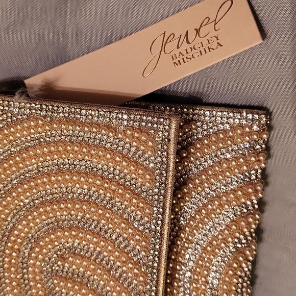 Badgley Mischka Elegant Golden Gem Pearlized Clutch Bag W Chain Shoulder Strap